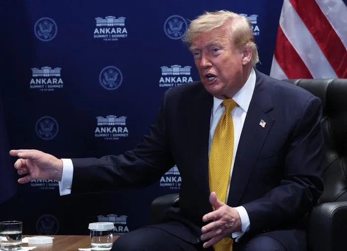 US President Donald Trump gestures as he meets with NATO Secretary General on the sidelines of the NATO summit in Ankara, on July 8, 2026.