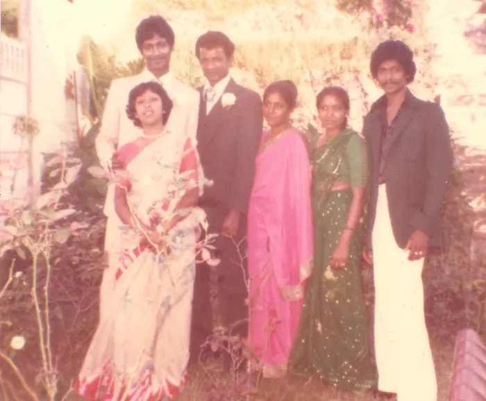 Poongavanam “Vassie” Chetty and Manorajini, known to the family as "Dolly", with extended family members. 