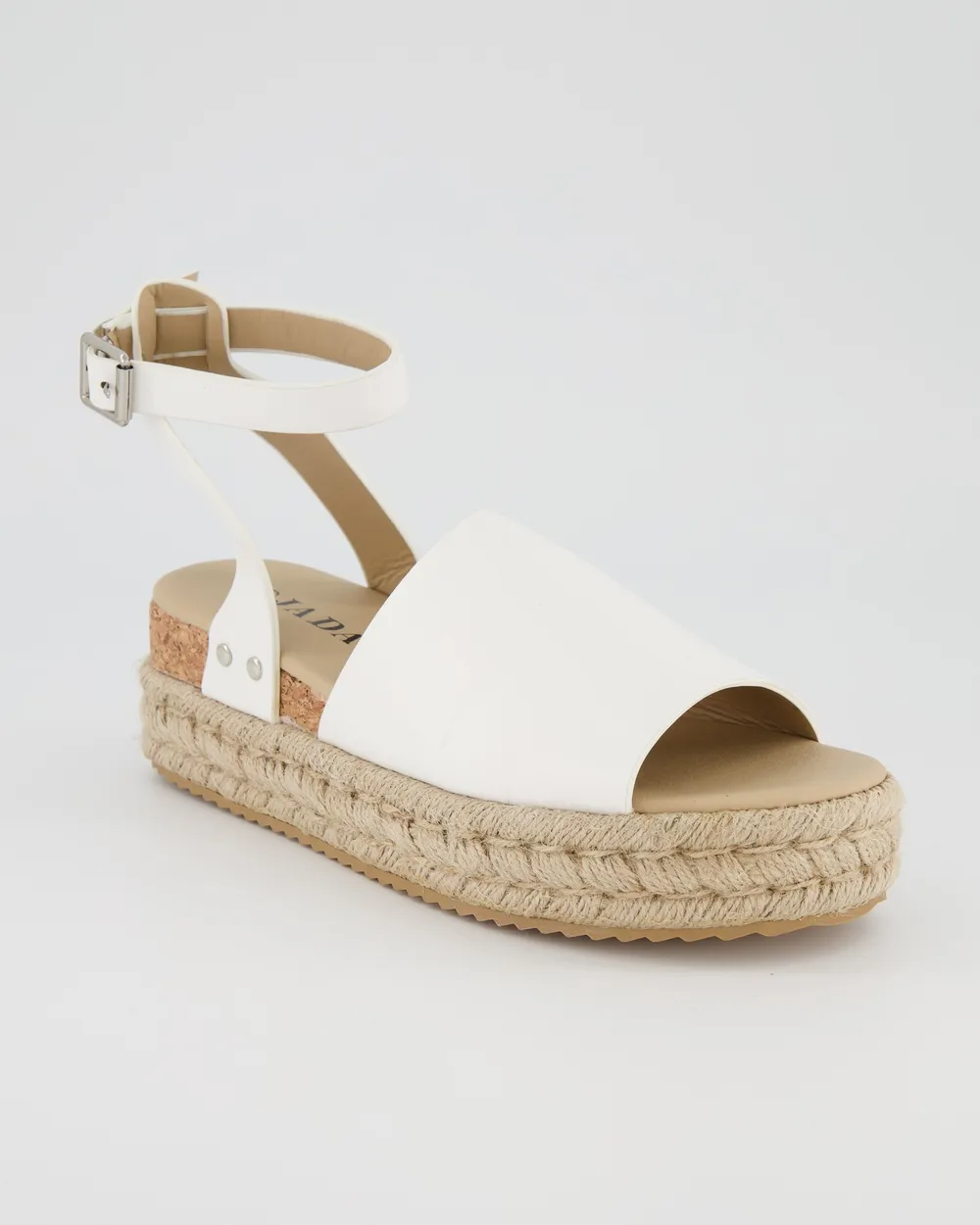 Open toe buckle wedge sandal.