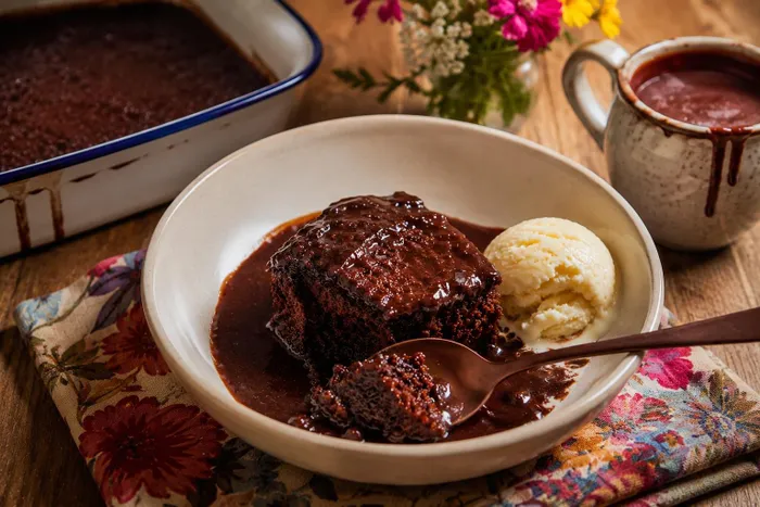 This chocolate malva pudding is soft, rich and deeply chocolatey, finished with a velvety chocolate sauce that soaks into every bite.