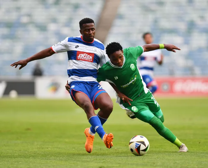 Athini Maqokolo of Amazulu FC challenged by Terrence Mashego during the Betway Premiership first leg at Moses Mabhida Stadium in October. 