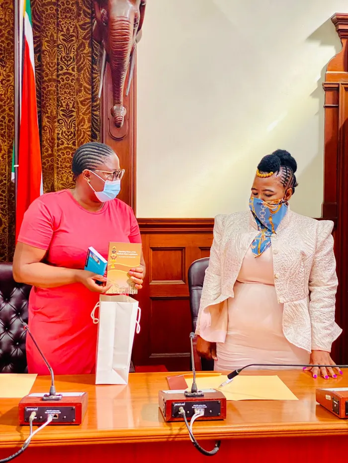 Legislature speaker Nontombeko Boyce (left) and new NFP member Mbali Shinga after taking her oath on Wednesday. I SUPPLIED