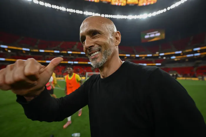 Mamelodi Sundowns coach Miguel Cardoso celebrates victory after the CAF Champions League  final in Rabat, Morocco.
