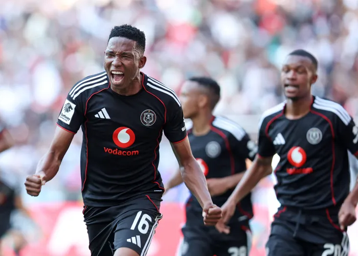 Orlando Pirates' Thalente Mbatha celebrates after their clinched the Betway Premiership title with a 2-0 win over Orbit College. | Backpagepix