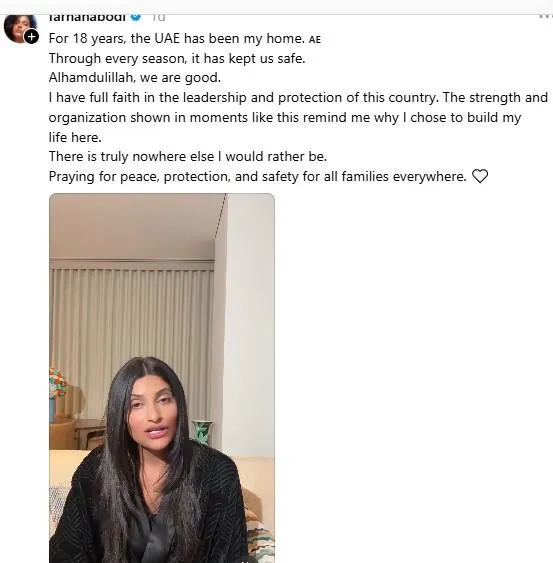 Farhana Bodi Instagram video UAE, Dubai Bling star Farhana Bodi 2026, Farhana Bodi praising UAE leadership, Dubai Bling Netflix cast member, Farhana Bodi Middle East tensions message, UAE stability social media reaction, Joburg ETC