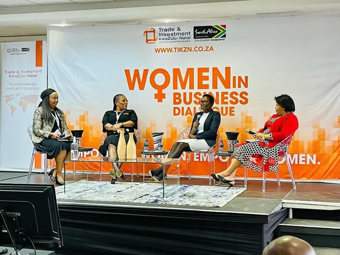 A panel of speakers discussing the Strategic partnership between public and private sectors in the economic recovery plan and growth. The business breakfast features remarks from Icebolethu Group Executive Officer- Nomfundo Mcoyi, the founder of Msinga Clothing Factory- Lelly Mntungwa, Executive Manager for Corporate Support Services at Ithala Development Finance Corporation, Tozi Mthethwa.Picture supplied.