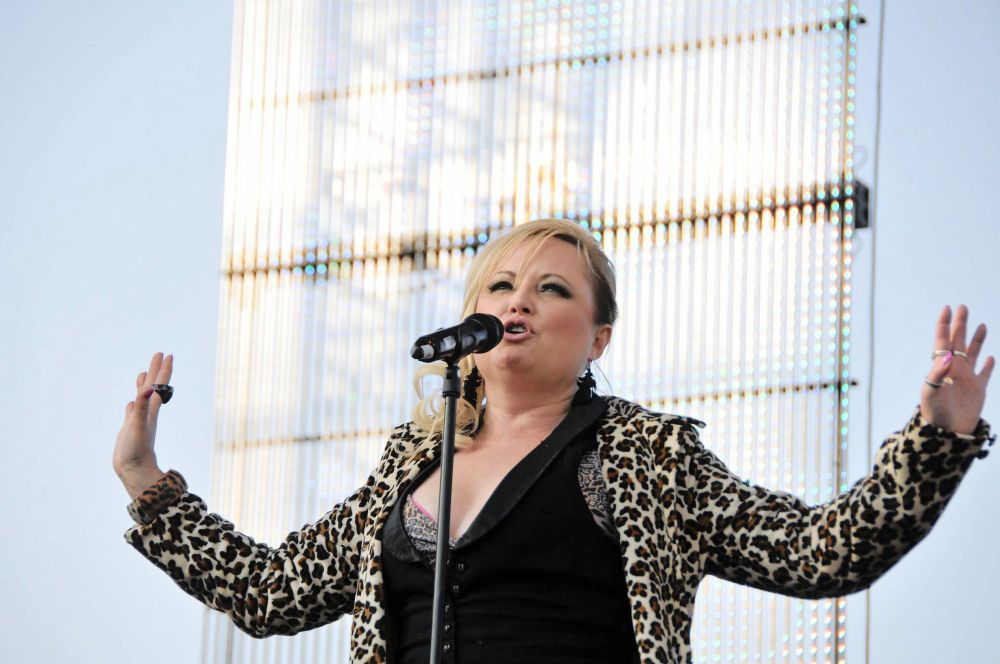 Mango Groove lead vocalist Claire Johnston performing on stage