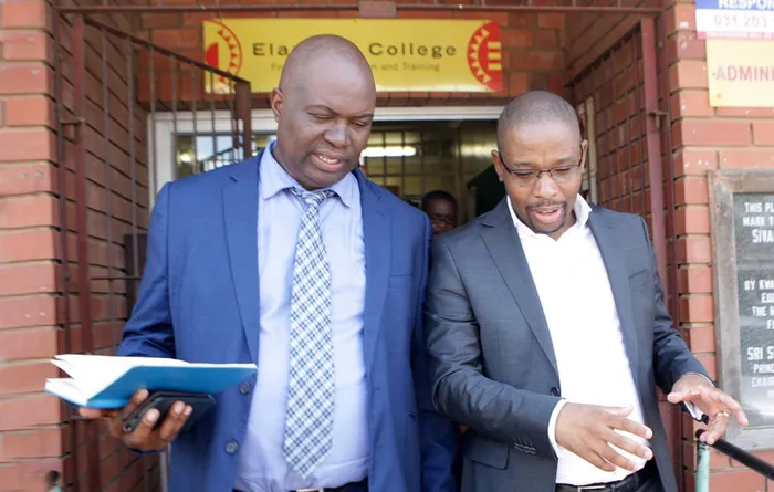Deputy director-general of Human Resources and Communication at the Department of Education, advocate Bheki Masuku, with Education MEC Kwazi Mshengu at Sivananda Technical School in KwaMashu yesterday. Bongani Mbatha African News Agency (ANA)