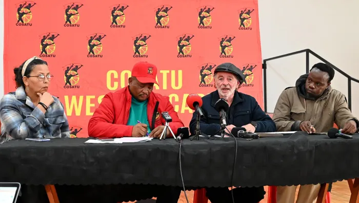 WCC AX Lorna Houston, Cosatu Western Cape's Malvern De Bruyn, WCC AX Roger Etkind and Danmore Chuma at the media briefing on Monday. 