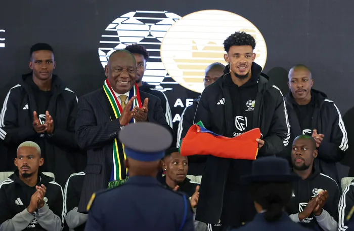BAFANA Bafana players led by captain Ronwen Williams receiving their farewells from South African president Cyril Ramaphosa at the Union Buildings on Wednesday night.