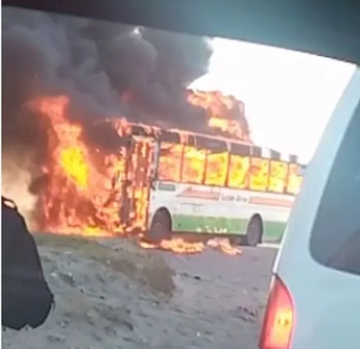 A Golden Arrow bus has been gutted after a violent taxi protest broke out in Nyanga on Friday. Photo: supplied