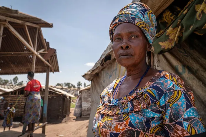 Déborah Nzale, a displaced person living in the Kigonze camp looks on in Bunia, in the eastern Democratic Republic of the Congo, on May 28, 2026.