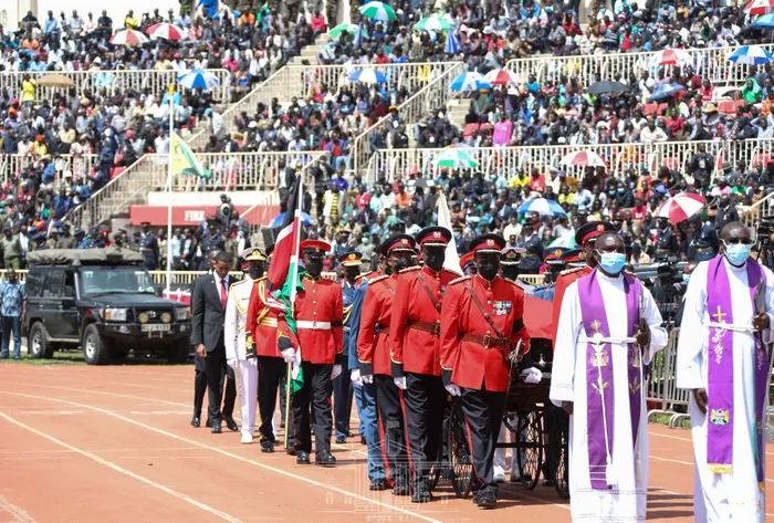 Thousands of mourners, led by President Uhuru Kenyatta and First Lady Margaret Kenyatta, have descended in the capital of Nairobi to follow proceedings at the National Funeral Service of former President Emilio Mwai Kibaki at Nyayo national stadium on Friday. Picture: State House Kenya.