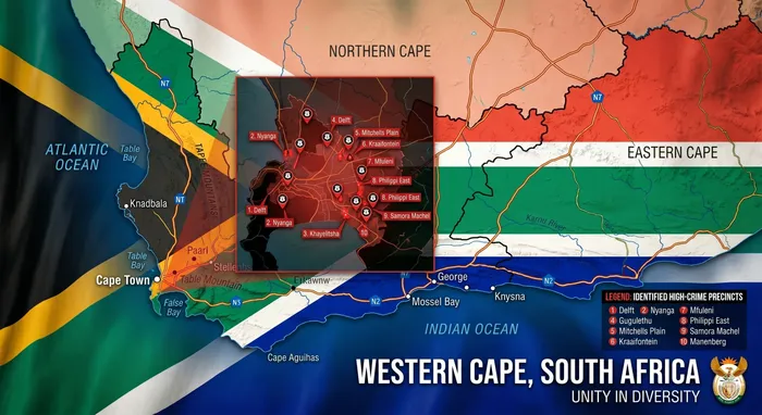 The areas in red show the most dangerous areas  in the Western Cape province of South Africa.