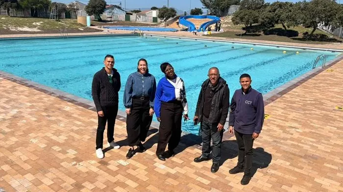 Mayoral Committee Member for Community Services and Health, Councillor Francine Higham (second from left), alongside City officials at a municipal public swimming pool facility following maintenance and readiness inspections.