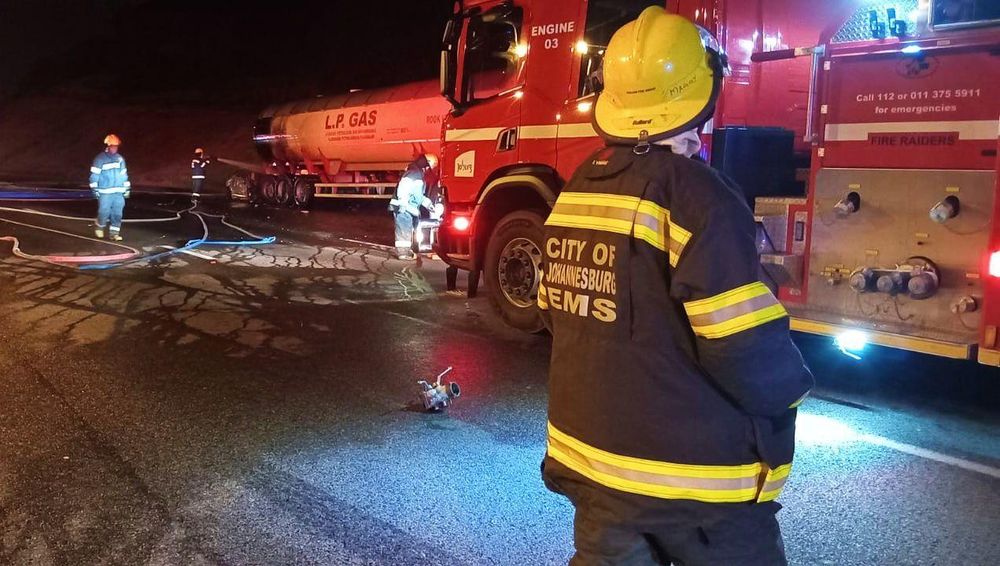Joburg's N12 highway closed after gas tanker catches fire near Comaro Road