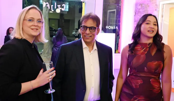 Festival organisers, partners, sponsors, and key stakeholders gathered at Youngblood-Africa Gallery in Cape Town. CTIJF Co-director Georgia Jones, alongside Dr Iqbal Survé, Patron and Founder of the Surve Family Office, and Tricia Survé, founder of the Tricia Survé Foundation. 